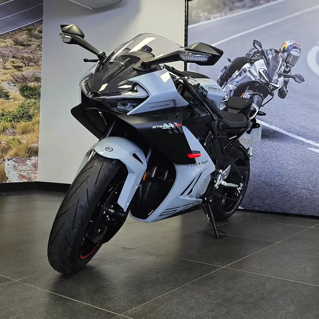 A lineup of CFMOTO models inside the Shipley dealership