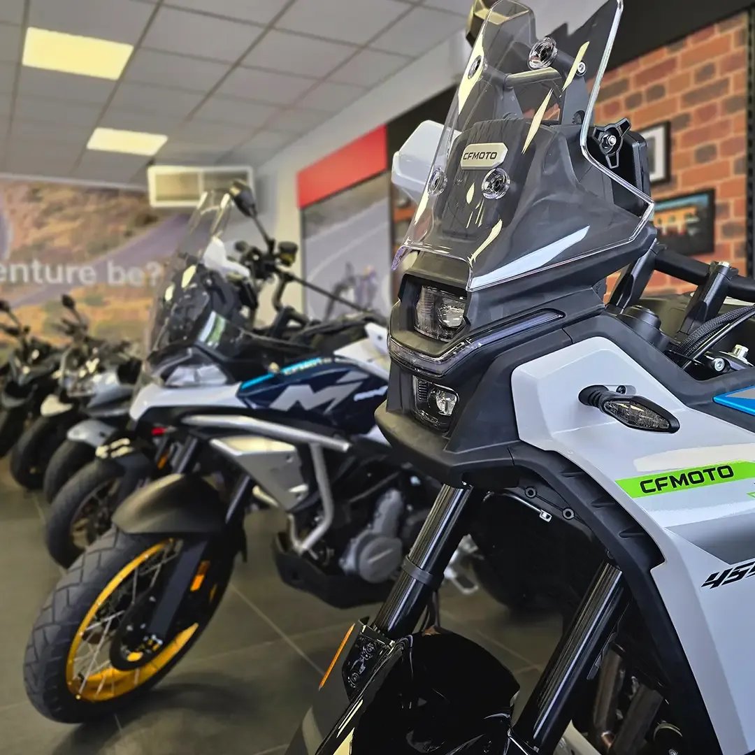 Close up of a CFMOTO motorcycle in the Cobb and Jagger West Yorkshire showroom